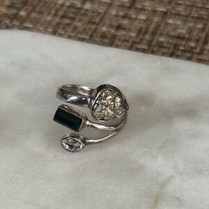 Adjustable sterling silver pyrite, black tourmaline, and herkamir diamond ring